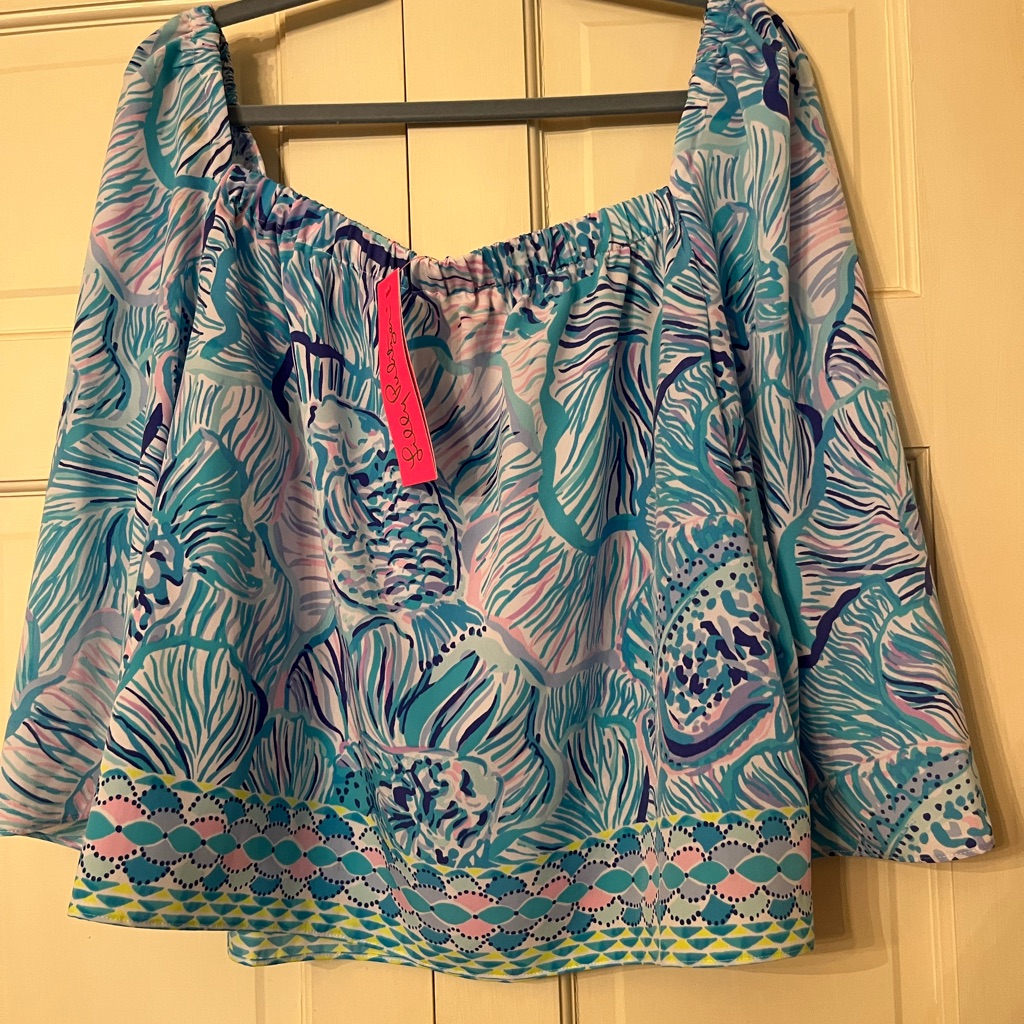 Lilly Pulitzer Nwt Lizzie Off-Shoulder Top Bermuda Blue Fishful Thinking Size Xl
